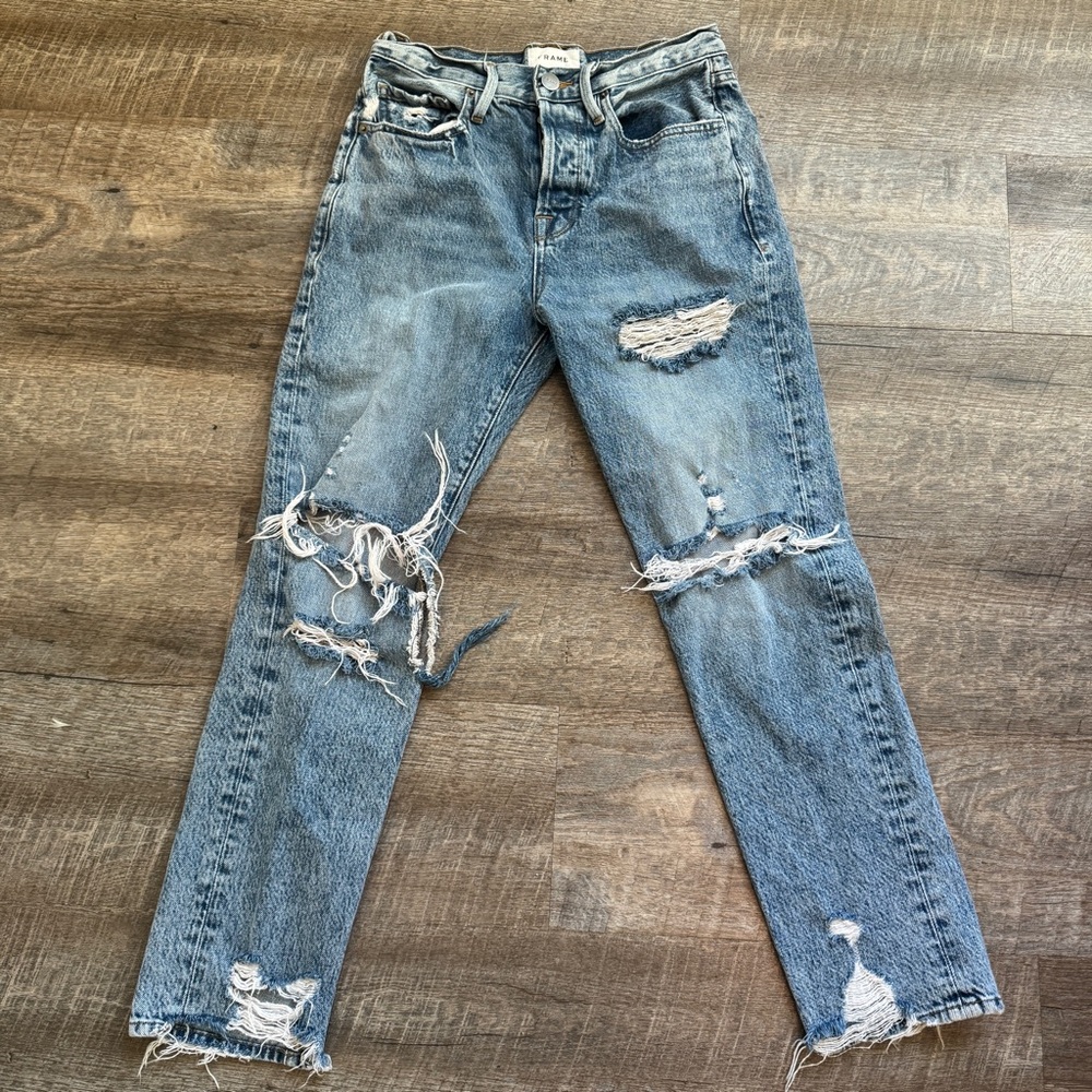 Frame Le Orginal Jeans High Rise Distressed Button Fly Cascade Blue Rips Size 25 - Picture 2 of 12